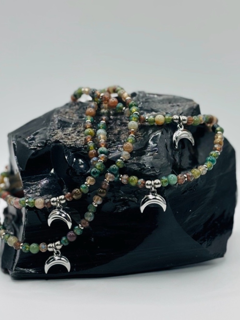 *ANKLET* Silver Moon with Indian Agate & Glass Stretchy Anklet